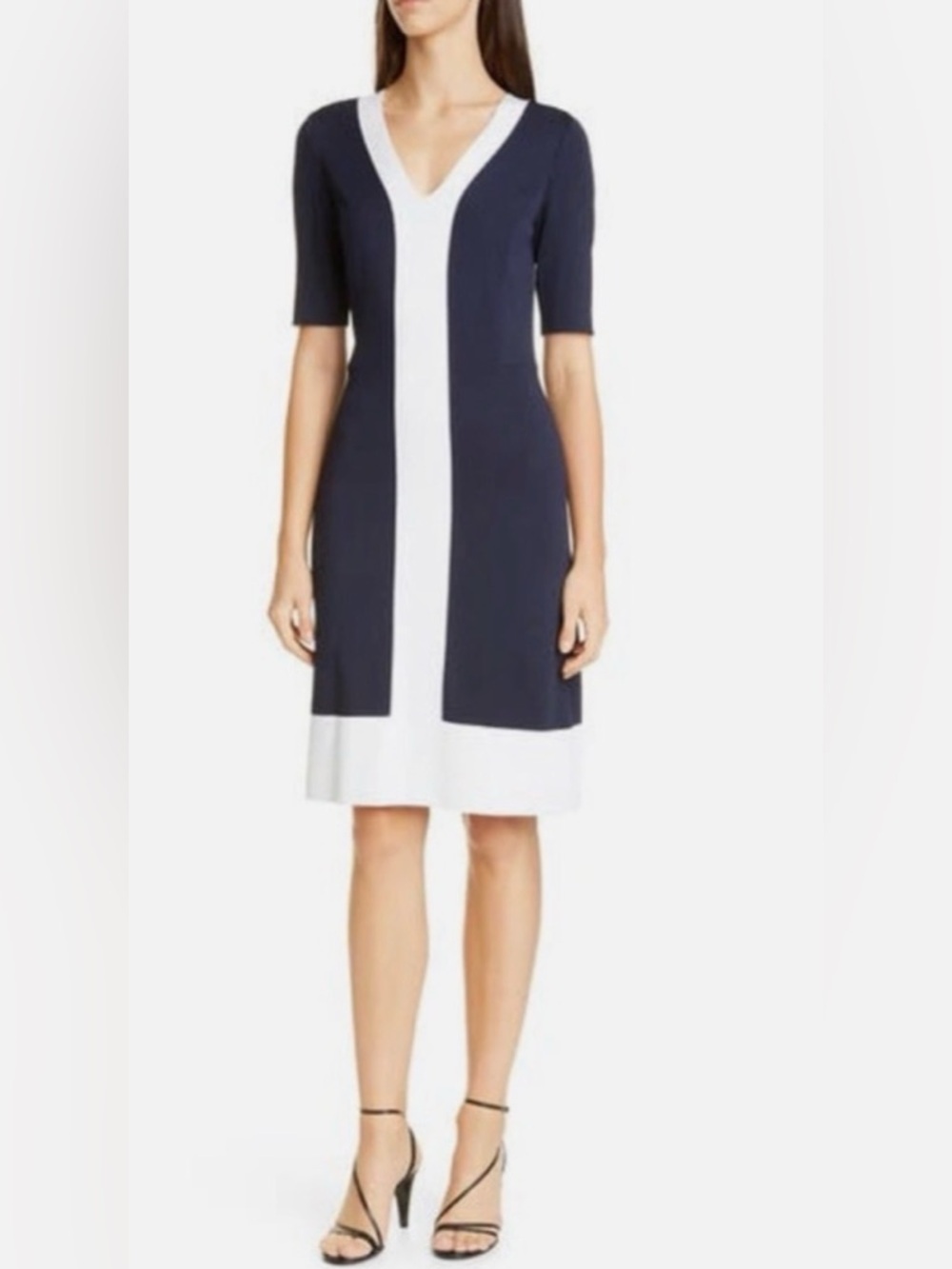 St. John Navy and White V-Neck Colorblock Midi Dress